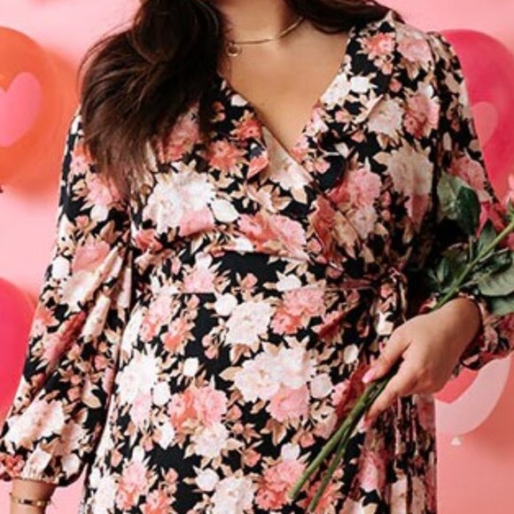 Plus Size Floral Wrap Dress Light pinks and blush hued floral print. - Picture 6 of 10